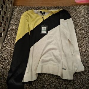 DKNY Diagonal Colorblock Crewneck Sweater in Yellow, Black & Cream